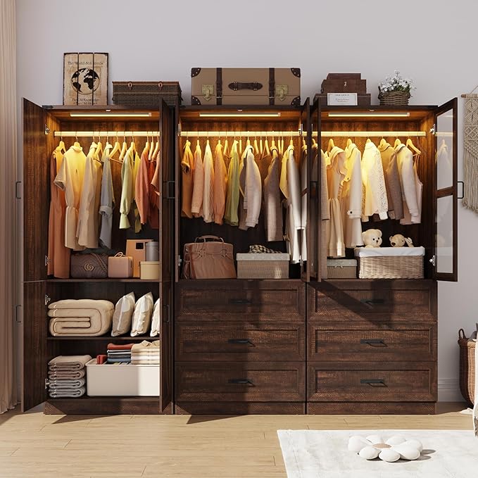 Hlivelood 75" Tall Farmhouse 6 Doors Armoire Wardrobe Closet with 6 Drawers and LED,Freestanding Closet Wardrobe Cabinet for Bedroom with Hanging Rod,Wooden Armoire Storage Cabinet(Brown 6 Doors 2)