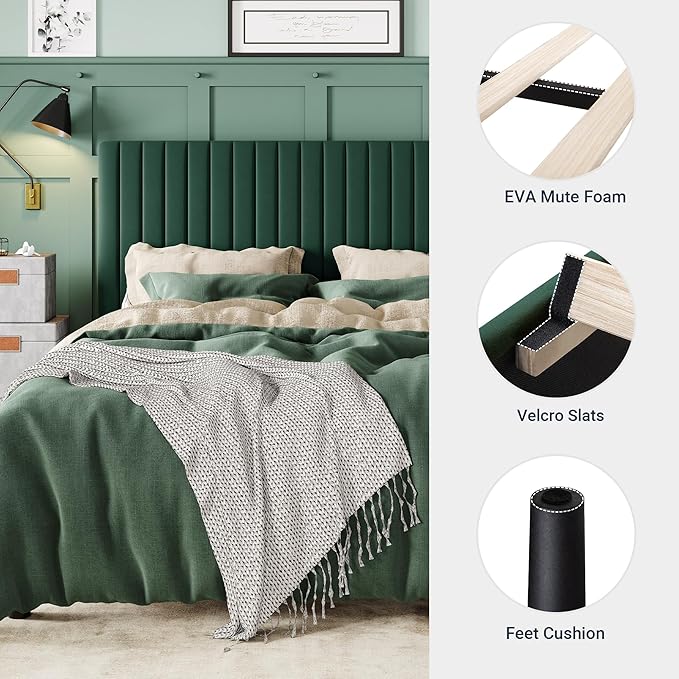 Allewie King Bed Frame, Velvet Upholstered Platform Bed with Adjustable Vertical Channel Tufted Headboard, Mattress Foundation with Strong Wooden Slats, Box Spring Optional, Easy Assembly, Green