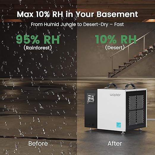 Waykar 70 Pint Energy Star Crawl Space Dehumidifier with Pump & Drain Hose for Basements, Commercial & Water Damage Spaces up to 5000 Sq. Ft., Compact, Strong Dehumidification, 5-Year Quality Coverage