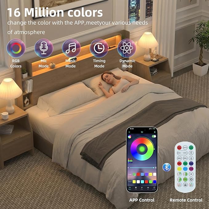 King Headboard Only with Shelves Storage, Headboards with Charging Station 2 USB Ports and LED Light,Sturdy and Stable Modern Sturdy and Stable Wood Bed Board (Natural Oak, King) | Solid wood leg, chargestation, Storage