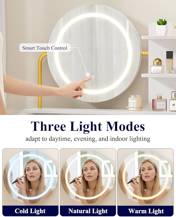 Kitsure Vanity Desk with Mirror and Lights - 3 Mode Lighted Makeup Vanity for Girls, Anti-Tipping Small Vanity with Chair for Bedrooms, Dressing Rooms, Walk-in Closet, Gold, 31.5" x 17.7" x 50.6"