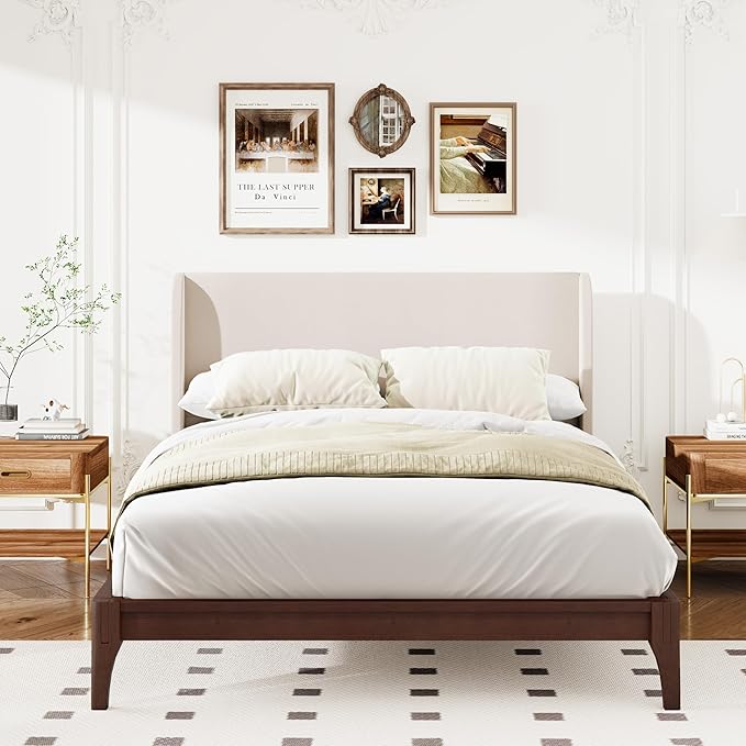 Merax Mid-Century Bamboo Platform Bed with 48" Upholstered High Headboard, King Size Bed Frame with Wood Slat Support, No Box Spring Needed, Easy Tool-Free Assembly, Beige+ Chocolate
