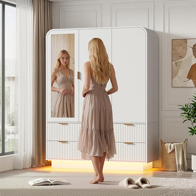 3 Door Wardrobe Closet with Mirror and LED Lights,Wooden Bedroom Armoires with Hanging Rods & Shelves, Drawers for Bedroom,Laundry Room,Cloak Room,White