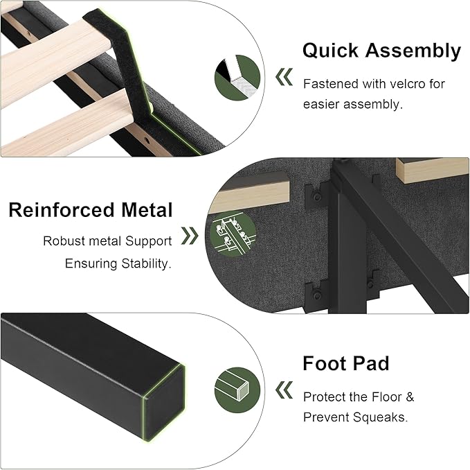 Feonase Twin Platform Bed Frame, Fabric Upholstered Twin Bed Frame, Solid Wood Slats & Heavy Duty Feet Support, No Box Spring Needed, Noise-Free, Easy Assembly, Dark Grey