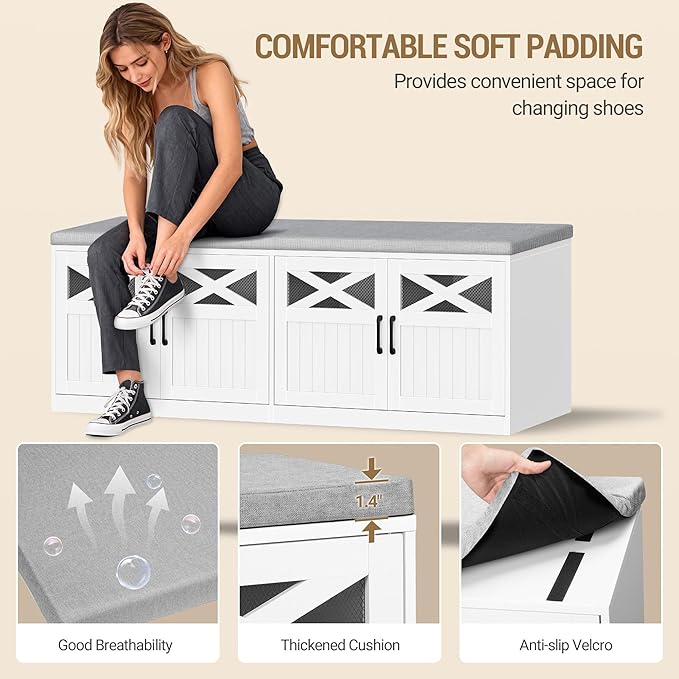Hzuaneri 2 Tier Shoe Storage Bench with Doors, 47.2" Farmhouse Shoe Bench with Padded Cushion, 12 Pairs of Bed End Bench, Entryway Bench with Storage for Bedroom, Living Room, White SB61203X