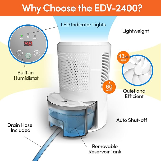 Eva-Dry EDV-2400 Compact and Powerful Dehumidifier | Eliminate Moisture | Energy Efficient | Quiet | Portable | Includes 3-Foot Drain Hose | Ideal for Home, Office, and RV