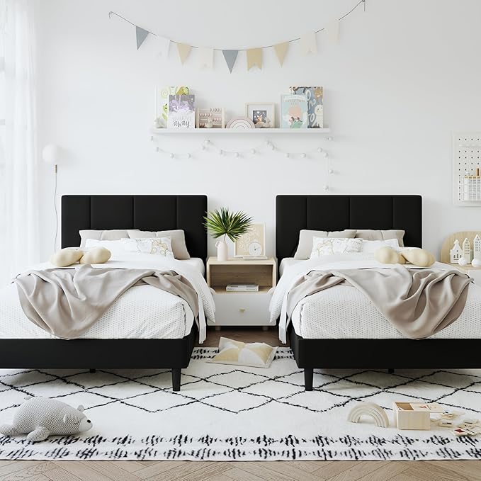 Twin Bed Frame, Padded Platform Bed Frame with Velvet Headboard, Vertical Quilted Design, Sturdy Slatted Mattress Base, No Spring Mattress Required, Easy to Assemble, Black