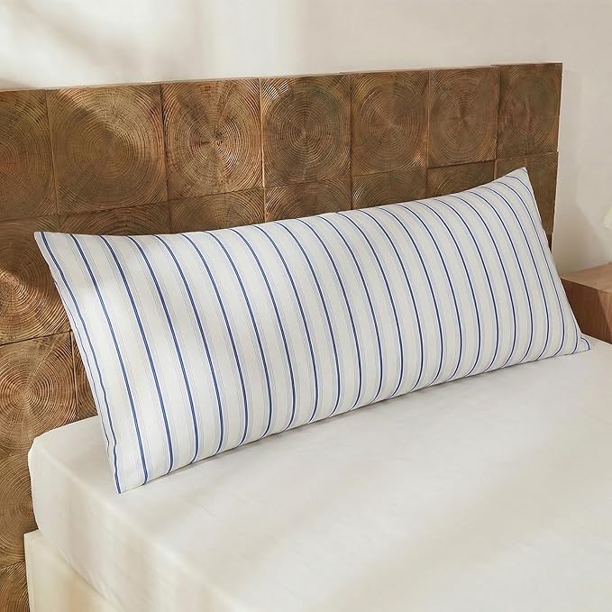 Merryword Body Pillow Cover 20x54inches, 100% Cotton Pillow Case, Blue and White Striped Pillowcase, Luxury Linen Like Pillowcase, Soft Breathable Wide Stripes Long Pillowcase, 1-Piece
