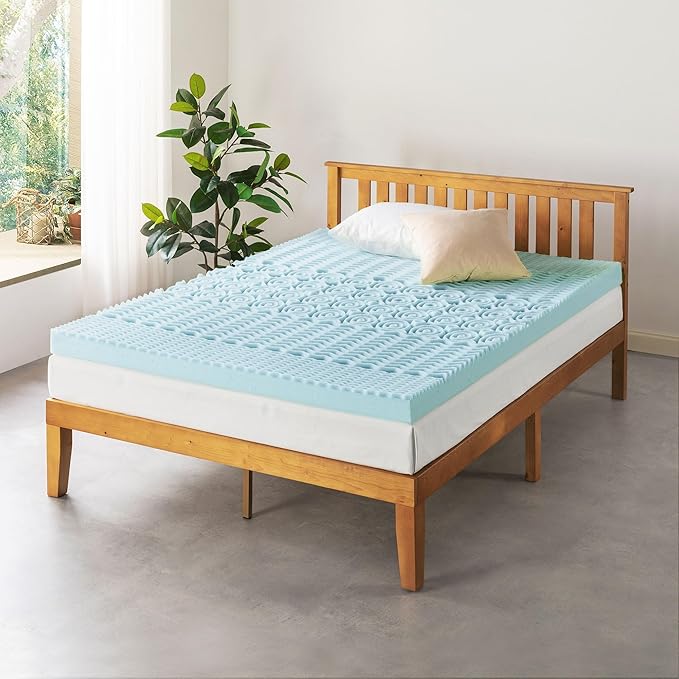 Mellow 4 Inch 5-Zone Memory Foam Mattress Topper, Cooling Gel Infusion, Dorm Essentials, Full Blue