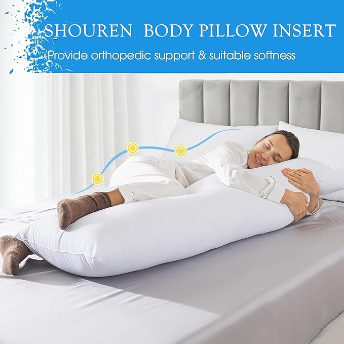 SHOUREN Cotton Body Pillow Insert - Cooling Breathable Full Body Pillow for Side Sleeper - Soft Long Bed Pillow for Adults - 20 x 54 inch-White