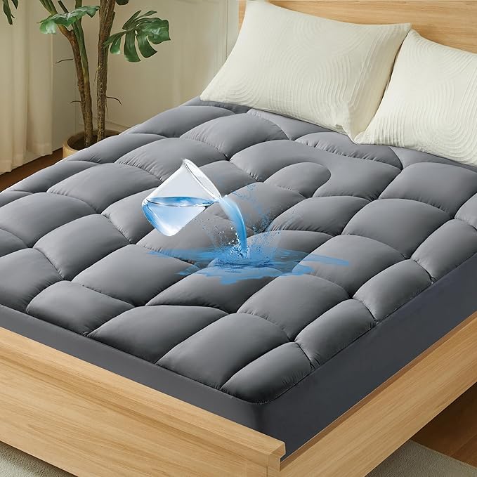 Unikome Waterproof Mattress Pad Queen Size, Ergonomic Quilted Mattress Topper – Soft Breathable Bed Cover with Deep Pocket (Fits 8-21 Inches), Noiseless Durable and Machine Washable (Grey, 60x80)