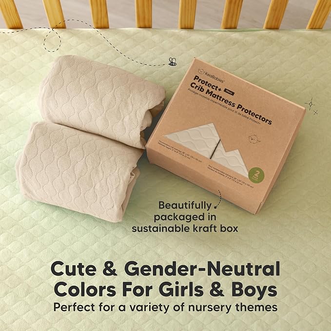 2-Pack Waterproof Crib Mattress Protector Cover Fitted - Quiet Baby Crib Mattress Pad Sheets, 52" x 28" Soft Quilted Cotton Baby Sheet, Machine Washable, Easy Fit, Durable (Oat/Mavy)
