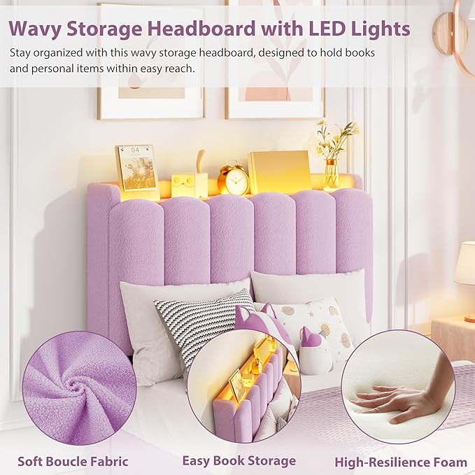 Garvee LED Twin XL Bed Frame with Storage Headboard, Kids Bed Frame with 2 Drawers, Boucle Upholstered Platform Bed for Girls, Chic Wavy Headboard with Bookcase, No Box Spring Needed, Purple
