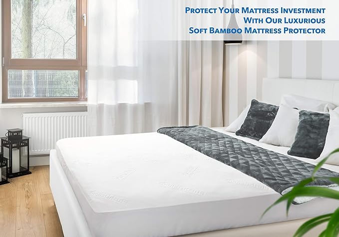 PlushDeluxe Premium Bamboo Mattress Protector – Full Size, Waterproof, & Ultra Soft Breathable Noiseless Washable Bed Mattress Cover for Comfort & Protection - White
