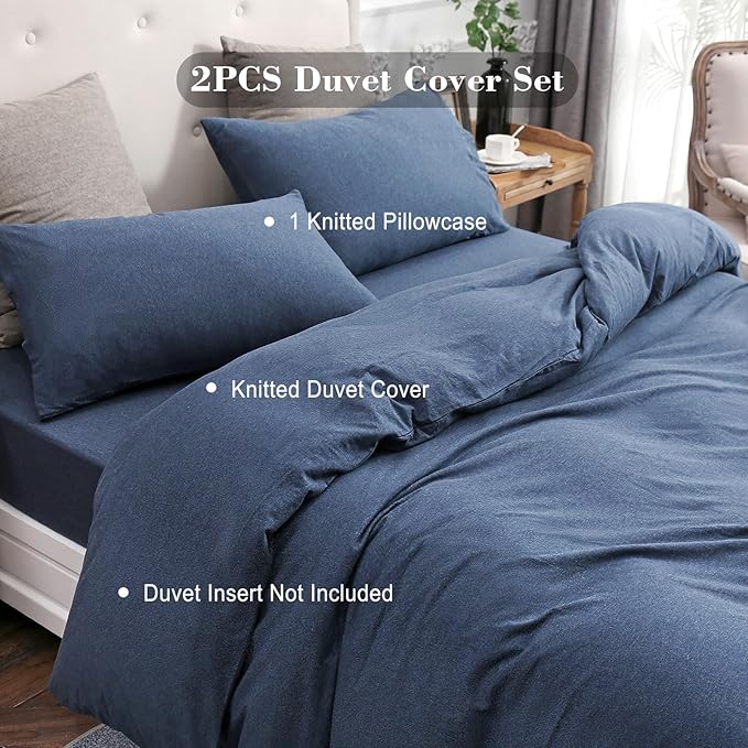 PURE ERA Jersey Knit Duvet Cover Set 100% T-Shirt Cotton Super Soft Comfy 2pc Bedding Set with Zipper Closure (Heather Navy Blue,Twin)