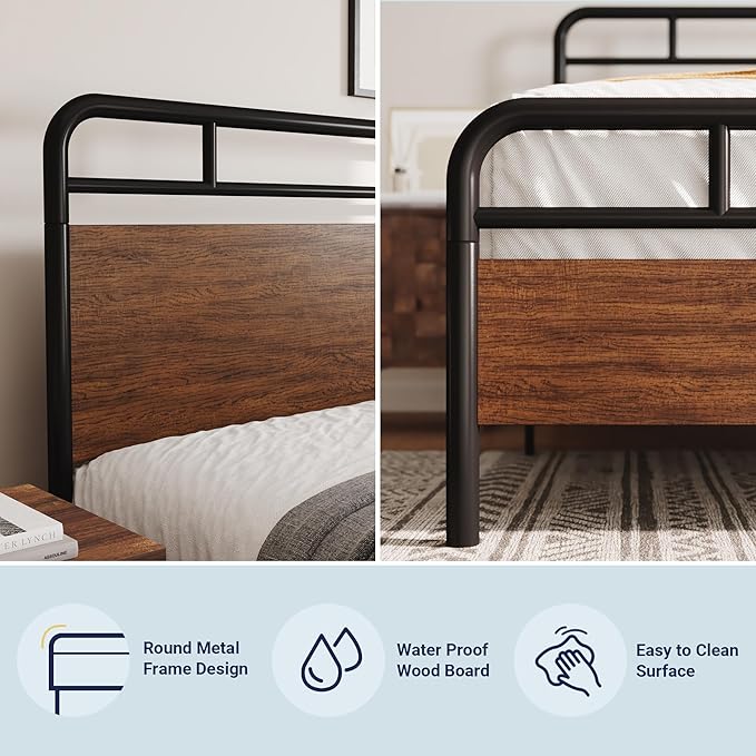 Allewie Queen Size Platform Bed Frame with Wooden Headboard and Footboard, Heavy Duty 13 Metal Slats Support, Under-Bed Storage, No Box Spring Needed, Noise Free, Easy Assembly, Walnut