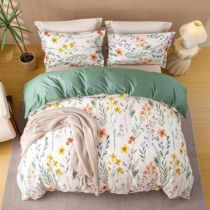 OAITE Duvet Cover Set Queen Size Floral Pattern Ultra Soft 100% Cotton Duvet Cover Sets 3-PC, Breathable Duvet Cover with Zipper Closure & Corner Ties(2 Pillow Shams,1 Duvet Cover)