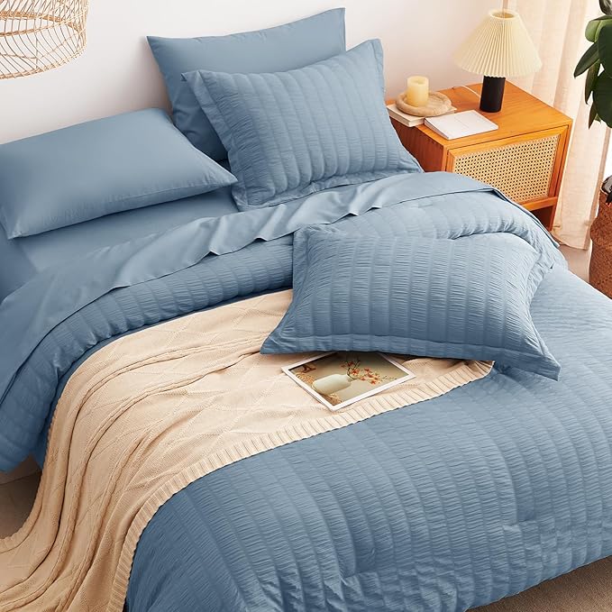 CozyLux Oversized Queen Comforter Set Grayish Blue Seersucker 7 Pieces 98x98 Bed in a Bag Comforter Set with Sheets, Dusty Blue Bedding Set with Down Alternative Comforter, Sheets, Pillowcases & Shams