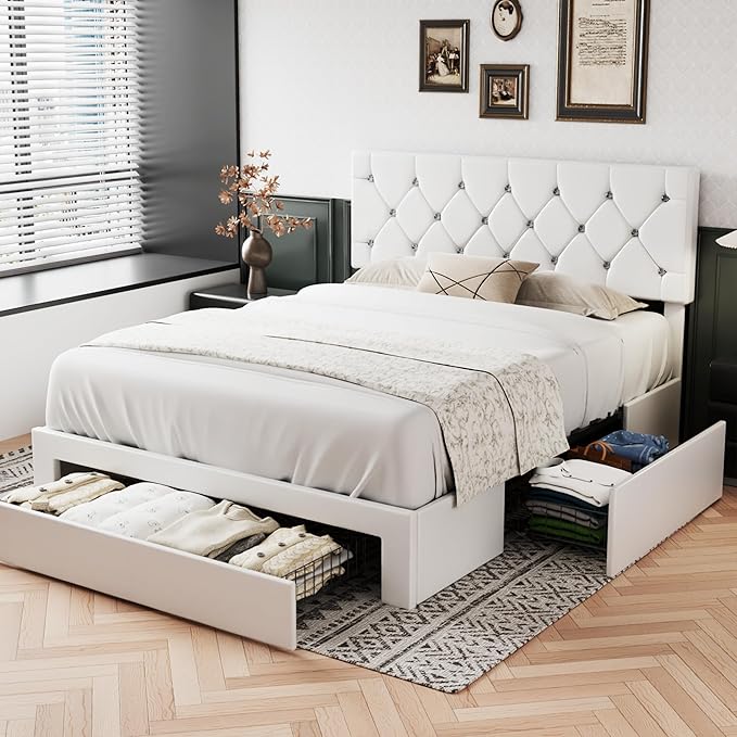 VECELO Queen Size Bed Frame with 3 Storage Drawers, Leather Upholstered with Diamond Tufted Headboard, Solid Wood Slat Support & Steel Framework, PU & White