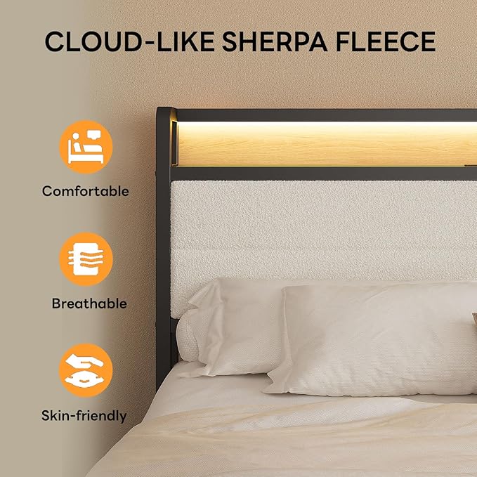 LIKIMIO Full Bed Frame with Storage Headboard and LED Lights, Metal Platform Bed with Charging Station, Noise Free, No Box Spring Needed, Under Bed Storage, Natural and Cream