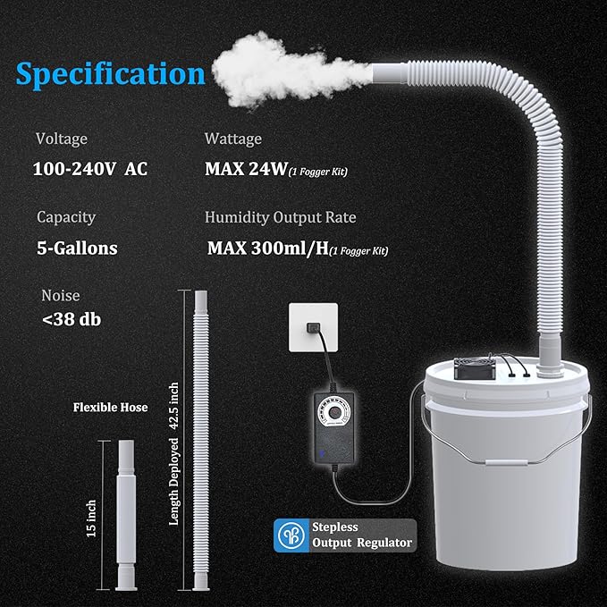 19L Large Capacity DIY Humidifier Kit - for Plants, Mushrooms, Grow Tents, Terrarium | Turns a 5 Gallon Bucket into Cool Mist Humidifier, Extendable Hose, High Output, Long Runtime (1 Fogger Kit)