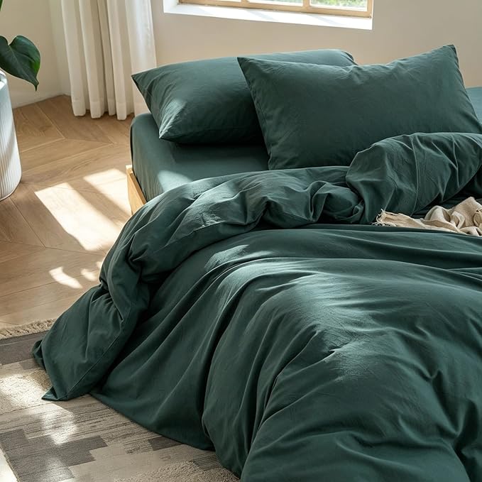 MooMee Bedding Duvet Cover Set 100% Washed Cotton Linen Like Textured Breathable Durable Soft Comfy (Solid Green, King 104"x90")