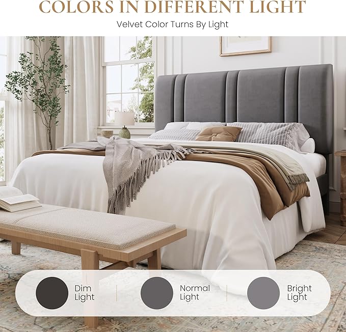 SHA CERLIN Full Size Platform Bed Frame, Velvet Upholstered Bed with Adjustable Headboard, Vertical Channel Tufted Design, Sturdy Wood Slat Support, No Box Spring Needed, Easy Assembly, Light Grey