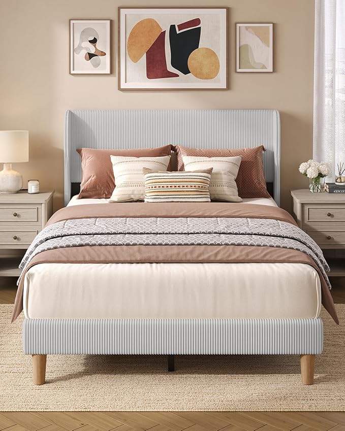 Bestier Full Bed Frame with Wingback Headboard,Upholstered Platform Full Size Bed with Strong Wooden Slats,No Box Spring Needed,Never Squeaks,Easy Assembly,Light Grey