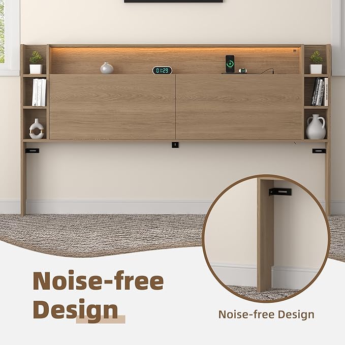 Queen Headboard Only with Shelves Storage, Headboards with Charging Station 2 USB Ports and LED Light,Sturdy and Stable Modern Sturdy and Stable Wood Bed Board (Natural Oak, Queen) | Solid wood leg, chargestation, Storage