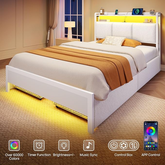 Rolanstar Bed Frame Twin Size with Charging Station and LED Lights, Upholstered Storage Headboard with Drawers, Heavy Duty Metal Slats, No Box Spring Needed, Noise Free, Easy Assembly, White