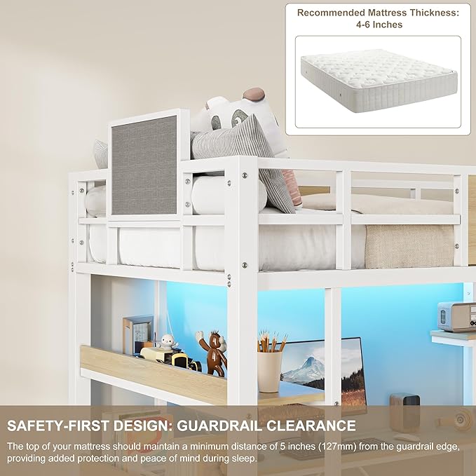 Garvee Twin Loft Bed with Desk and Stairs, Heavy Duty Loft Bed with RGB LED Lights, Charging Station, 3 Fabric Storage Drawers & 2 Open Shelves, No Box Spring Needed