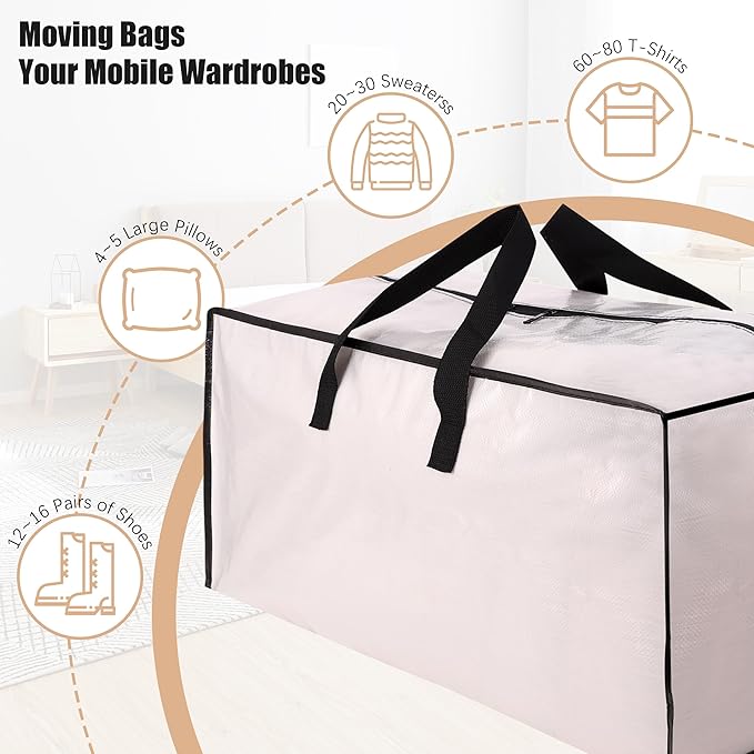 NATURELUX Heavy Duty Moving Bags with Backpack Straps and Strong Handles, Alternative to Moving Boxes and Storage Totes for Dorm Room Essentials, 12 Pack, Clear