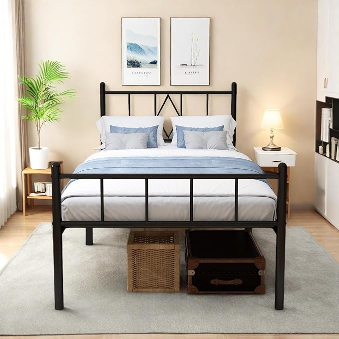 FONTOI Twin Size Bed Frame, 14 Inch Metal Platform Bed with Iron-Art Headboard & Footboard, Max 3500lbs Metal Slat Support, Classic Bed Frame with Under Bed Storage & No Box Spring Needed, Black