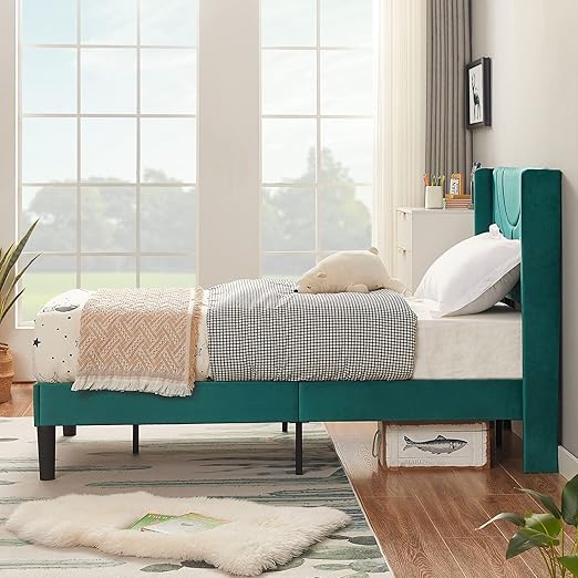 VECELO Upholstered Platform Twin Bed Frame with Fabric Headboard for Kids,Wooden Slats Support/No Box Spring Needed/Mattress Foundation,Dark Green