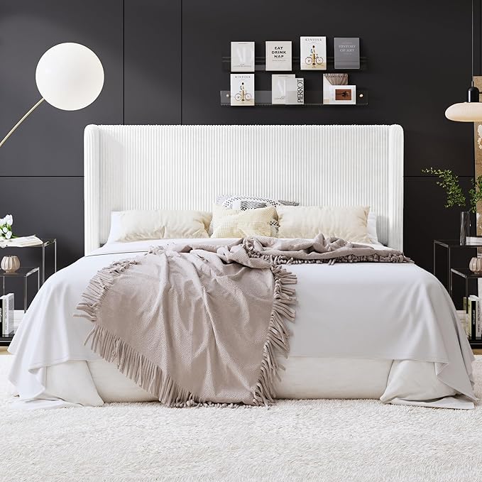 SHA CERLIN King Size Corduroy Upholstered Platform Bed Frame with Vertical Channel Tufted Wingback Headboard, 8" Under Bed Storage, Wooden Slats & Metal Frame Support, Easy Assembly, White
