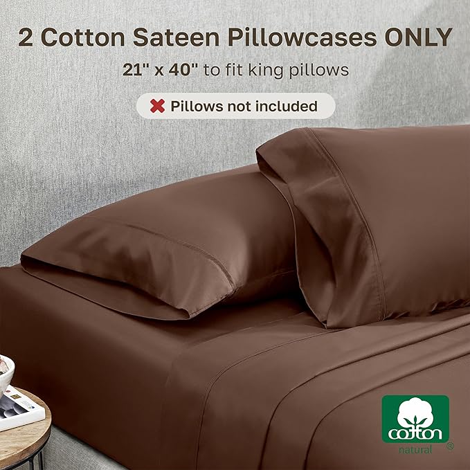 California Design Den Cotton King Pillowcase Set - 400 Thread Count, 100% Cotton Sateen Pillowcases, Set of 2 Pillow Covers, Soft and Breathable - Espresso Chocolate Brown