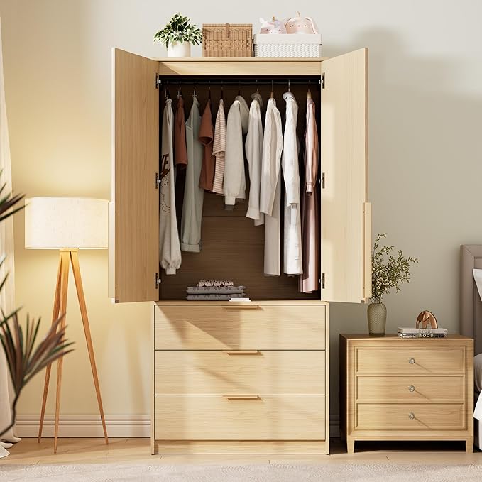 GarveeHome Armoire Wardrobe Closet, 69.5 in Wooden Wardrobe Cabinet with 3 Drawers, Hanging Rod, 2 Doors Clothing Storage Cabinet for Bedroom, Large Capacity Storage, Rattan Door, Natural