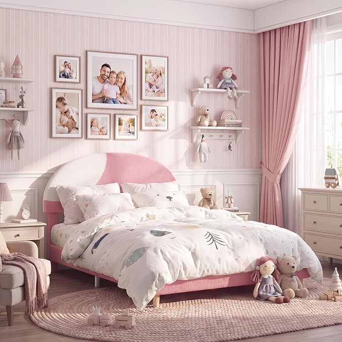 Garvee Full Bed Frame with Round Boucle Headboard, Upholstered Arch-Shaped Design in Soft Pink and White, Modern Kids Bed with Wooden Slats, No Box Spring Required and Easy Assembly