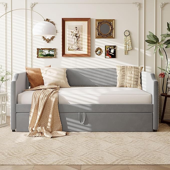 Merax Modern Twin Size Upholstered Sofa Day Bed with Pop Up Trundle, Twin to King Extendable Dayed for Living Room Bedroom Guest Room Space Saving, Gray