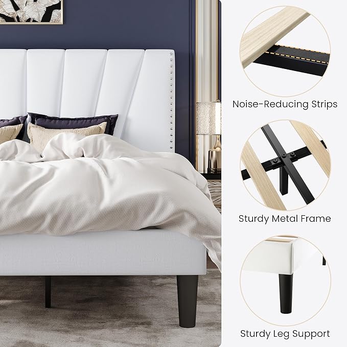 SHA CERLIN King Size Bed Frame with Adjustable Upholstered Velvet Rivets Headboard, Sturdy Wooden Slats, Strong Platform Support for Mattress, No Box Spring Needed, Easy Assembly, White