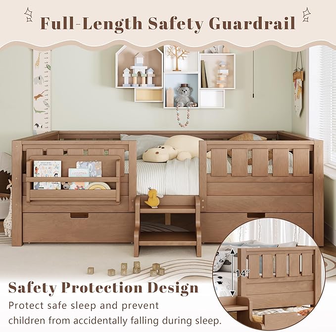 Bellemave Queen Size Kids Montessori Bed with Stairs and Bookshelf,Solid Wood Queen Size Kids Bed Frame with Drawers and Storage for Girls Boys,Low-Profile,Natural