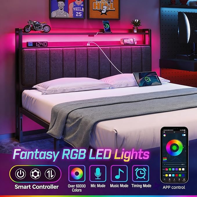 Rolanstar Headboard for Full Size Bed with Storage, Head Board with USB & Type C Port, 60,000 DIY Color of LED Light, Upholstered, Height Adjustable, Sturdy, Easy Assembly, Linen