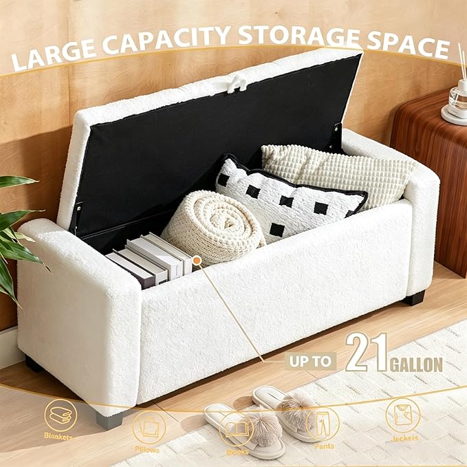 43 Inch Storage Ottoman Bench, Bench for Bedroom End of Bed, Ottoman with Storage for Living Room and Entryway (Teddy White)
