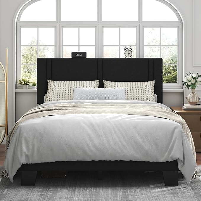 Feonase Full Size Platform Bed Frame, Fabric Upholstered Full Bed Frame, Solid Wood Slats & Heavy Duty Feet Support, No Box Spring Needed, Noise-Free, Easy Assembly, Black