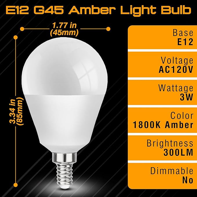 E12 Small Candelabra Base Amber Sleep Light Bulbs, 1800K Warm Amber Bulb 25-40W Equivalent, Blue Light Blocking, 3W Dim Night Light Bulbs for Healthy Sleep, Bedroom Kids Room, Non-Dimmable, 4 Pack