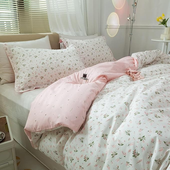 mixinni Cotton Floral Duvet Cover Twin Girl Pink Flower Teenage Girls Duvet Cover Set with Zipper Ties, Easy Care, Ultra Soft and Breathable-Twin Size