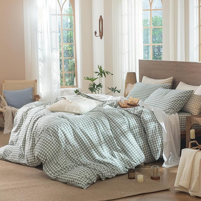 MooMee Gingham Duvet Cover Set 100% Washed Cotton Linen Like Textured Breathable Durable Soft Comfy Modern Checkered Design (Sage Green Gingham, Cal King 104"x98")
