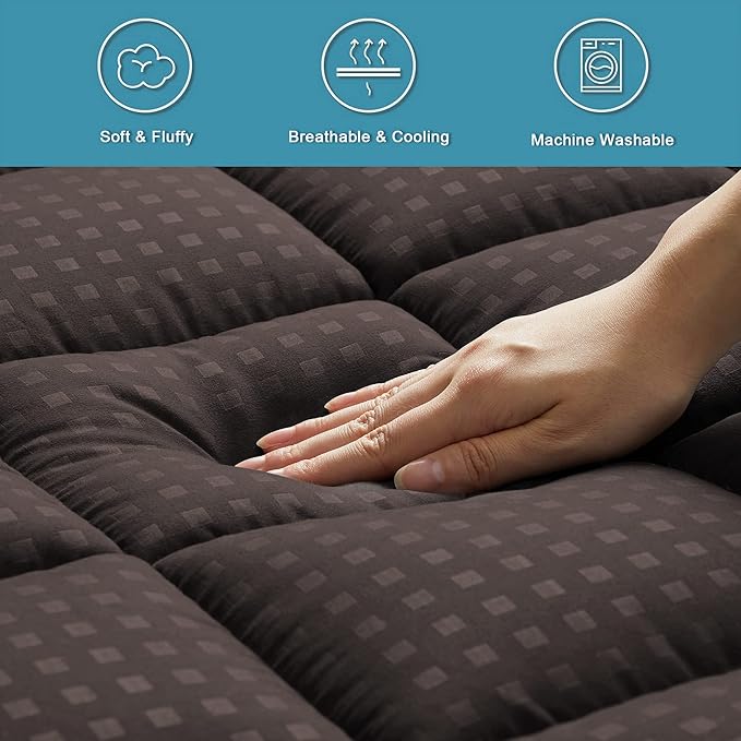 HYLEORY King Mattress Pad Quilted Fitted Mattress Protector Cooling Pillow Top Mattress Cover Breathable Fluffy Soft Mattress Topper with 8-21" Deep Pocket, Brown