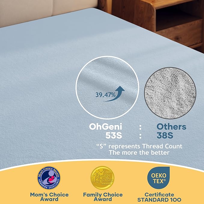 OhGeni 100% Waterproof Mattress Protector, Queen Size Blue, Fitted Sheet with Deep Pockets, 6''-18'', Premium Noiseless Breathable Soft Material, Mattresses Cover for Bed