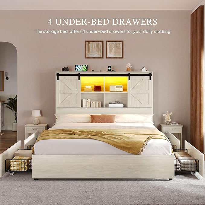 YITAHOME Farmhouse Queen Size Bed with Storage Bookcase Headboard, Sliding Barn Door, 4 Storage Drawers, RGB LED Bed Frame with USB Charging Station, No Box Spring Needed, Antique White